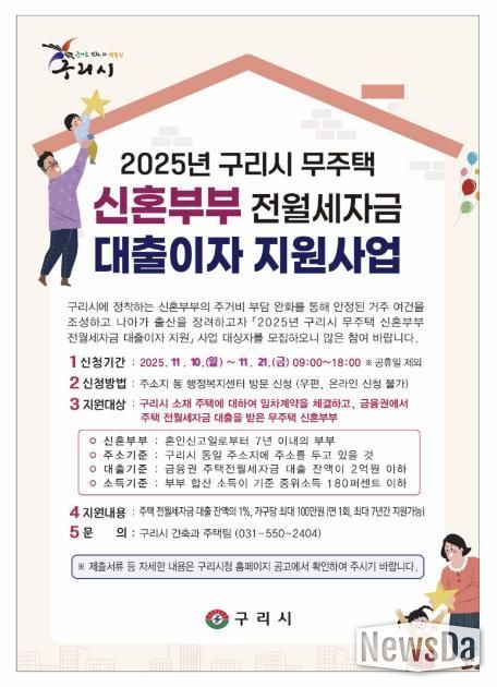 구리시, 무주택 신혼부부 주거 안정을 위해 대출이자 지원 나선다