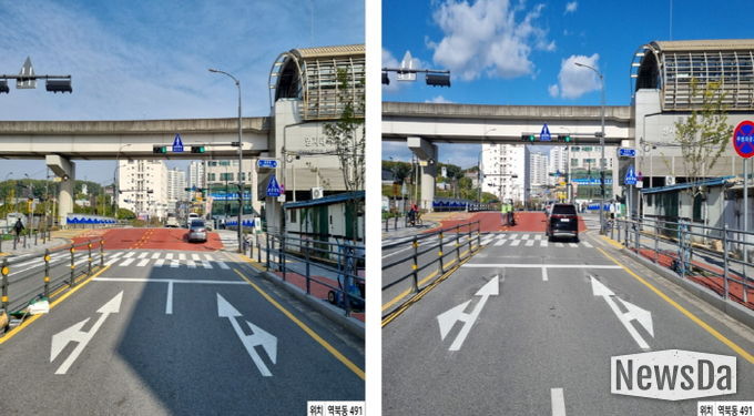 횡단보도와 차량정지선 이격거리를 5m로 확대한 처인구 역북동 491번지의 모습. 사진은 이격거리 확대 전(좌)과 확대 후(우)의 모습.