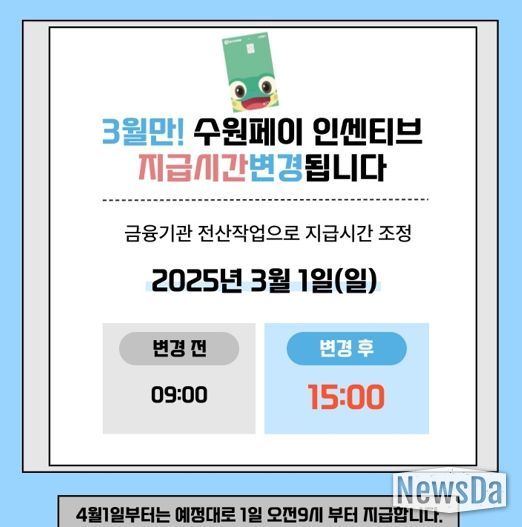 3월 수원페이 인센티브 지급 시간 변경 홍보물
