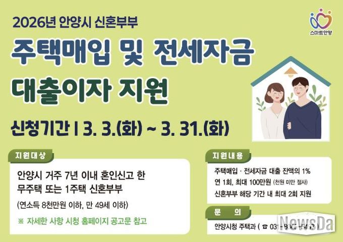 안양시, 신혼부부 주택매입・전세 대출이자 지원…주거비 부담 완화