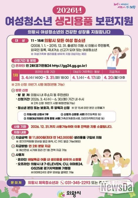 의왕시, 여성청소년 생리용품 보편지원 1차 신청 받아