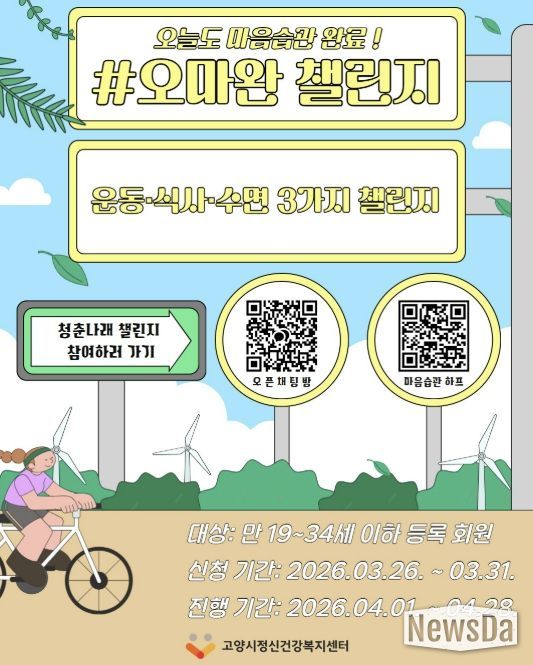 고양시정신건강복지센터, 청년 마음습관 형성 프로젝트 '#오마완 챌린지' 참여자 모집