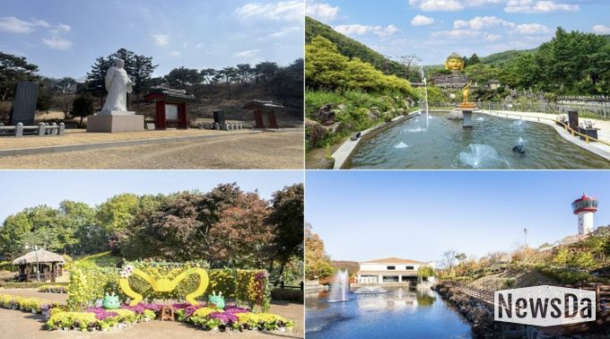 용인의 대표 관광지인 포은 정몽주 선생 묘, 와우정사, 용인자작나무숲, 용인농촌테마파크(시계방향)
